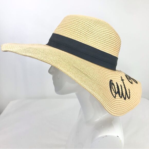 C&C Out of Office Cream Straw Sun Hat with Black Script and Hatband - Picture 6 of 11